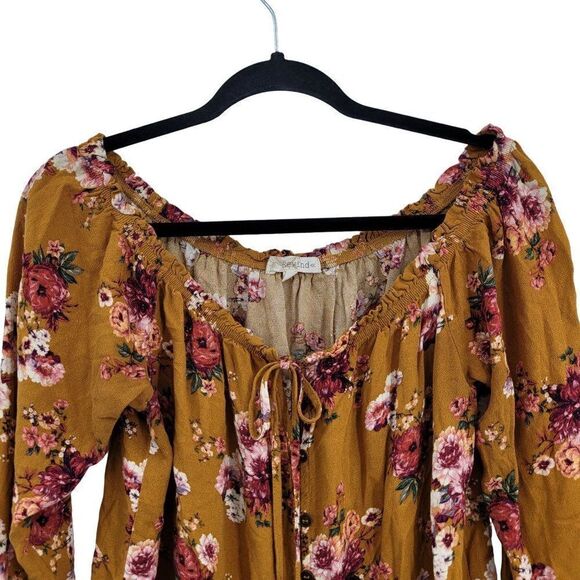 Vintage Rewind Peasant Blouse L Mustard Floral Off Shoulder Crop Button Tie Puff - Picture 6 of 14